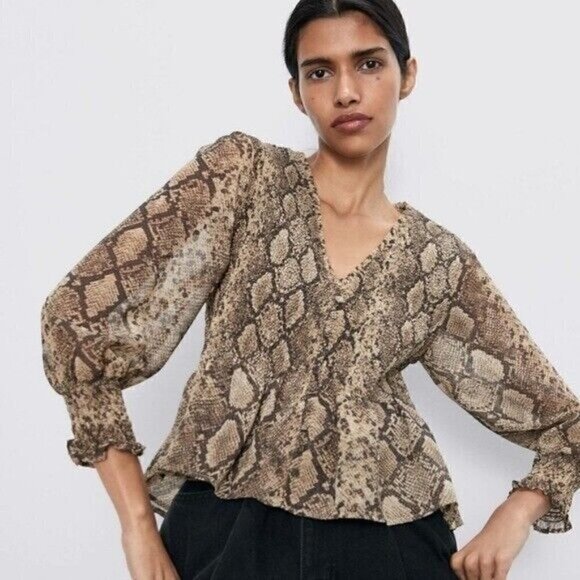 Zara Animal Print Smock Peplum Ruffle V-NeckTop Small - Picture 1 of 10